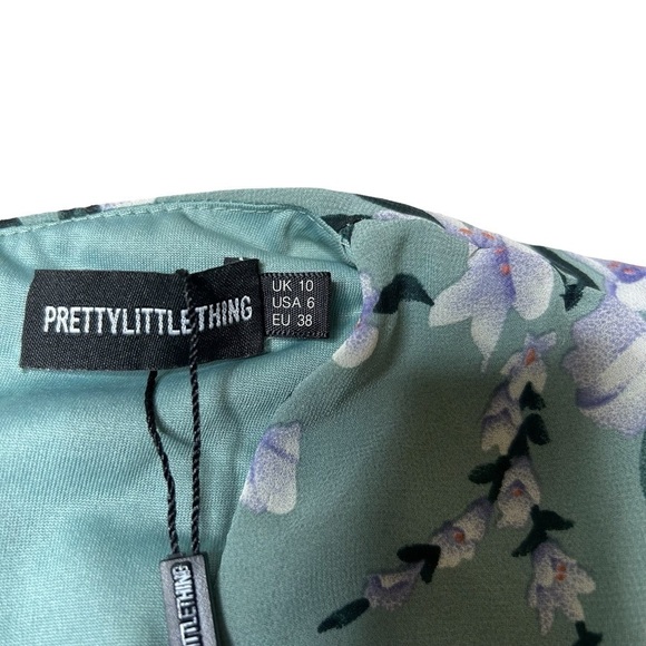 PrettyLittleThing Sage Green Floral Print Chiffon Ruched Long Sleeve Midi Dress - Picture 9 of 16